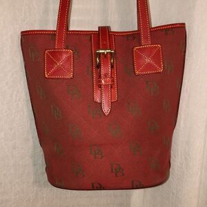 Dooney & Bourke Red Canvas Leather Combo DB Logo Bucket Shoulder Bag Purse
